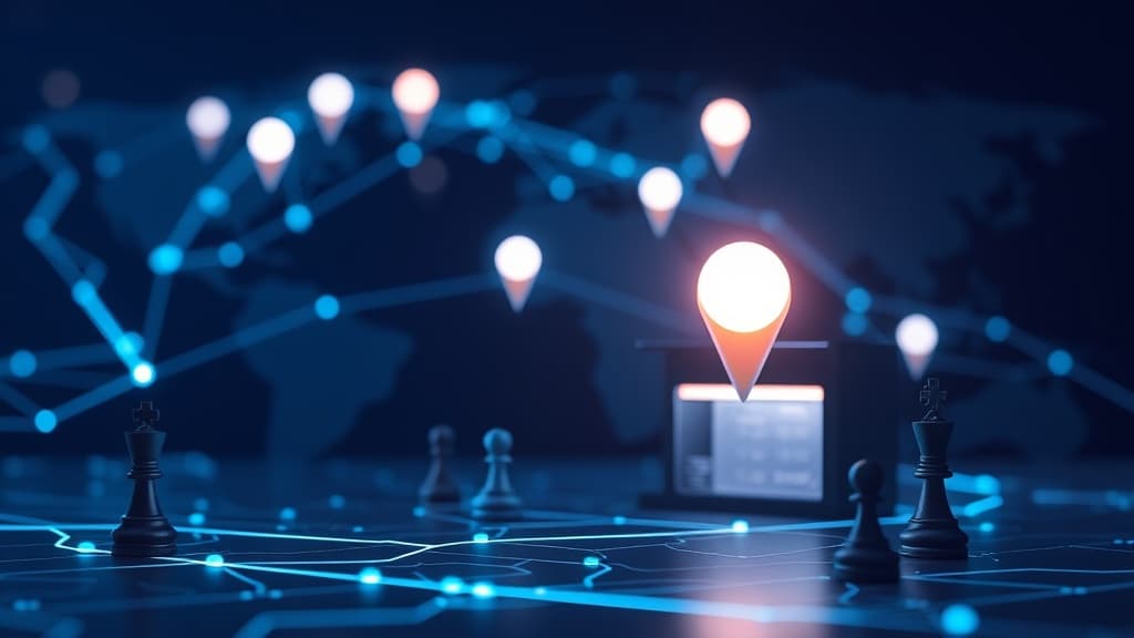 Strategic blueprint visualization for local business AEO with map pins and data connections
