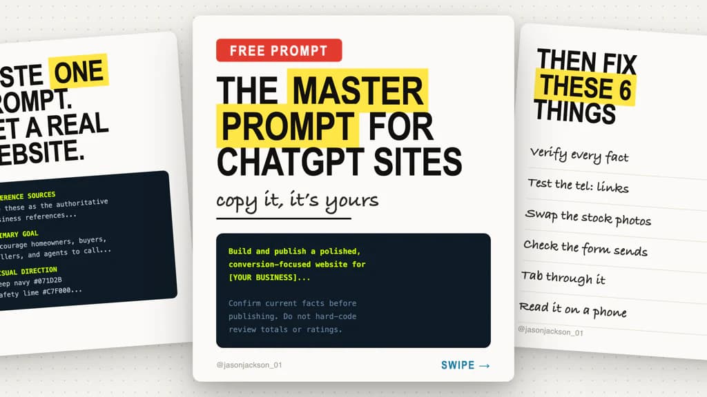 Carousel slides introducing a free master prompt for ChatGPT Sites, showing the prompt structure and the checklist local service businesses run after the first build