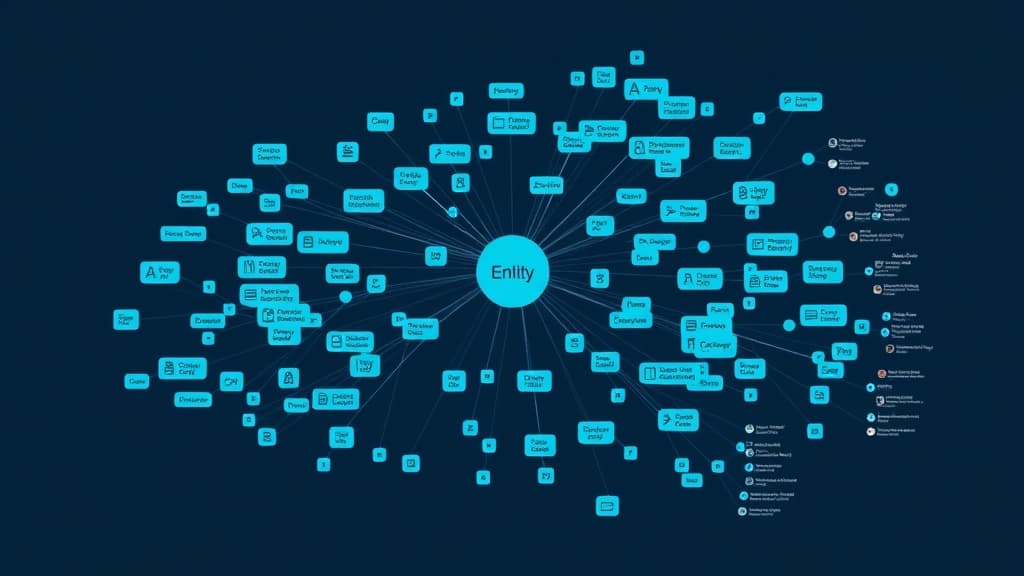 Knowledge graph visualization showing a local business entity connected to location, services, reviews, and industry entities through relationship nodes