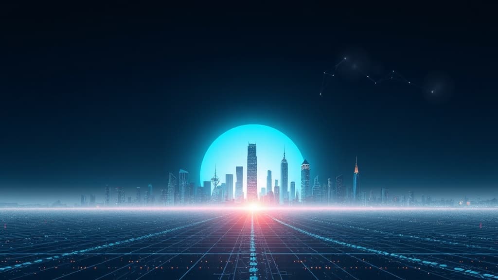 Futuristic horizon with AI cityscape representing the future of answer engine optimization