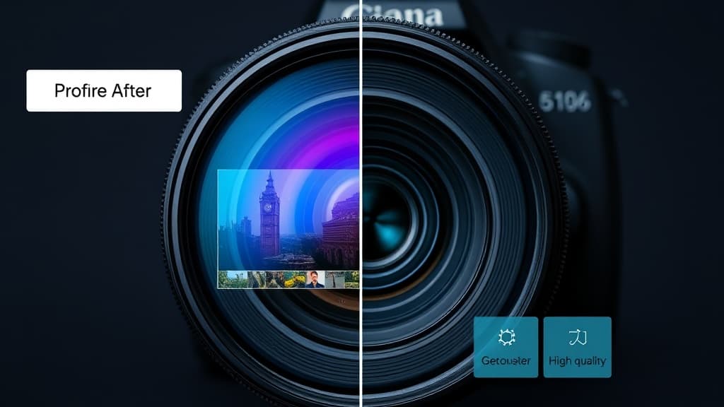 Camera lens with Google Business Profile photo gallery overlay