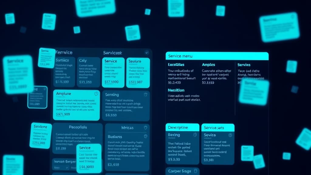 Product catalog and service menu floating in digital space