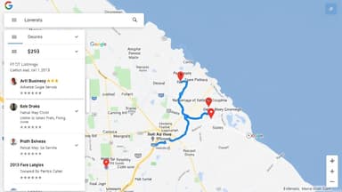 Aerial view of a city map with location pins highlighting top-ranked local businesses in Google Maps search results