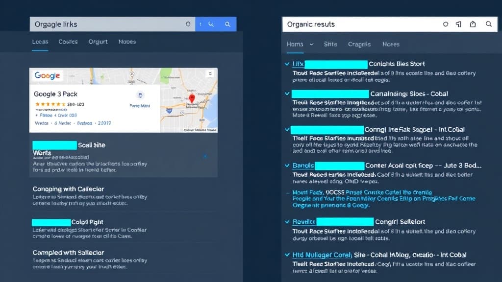 Split-screen comparison showing Google Local 3-Pack map results on the left and organic blue link results on the right