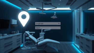 Modern dental office with Google Maps search interface overlay