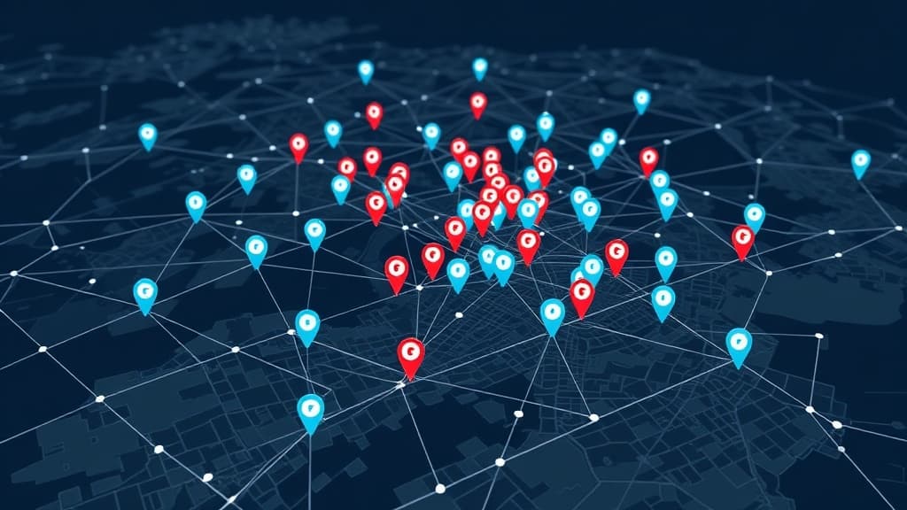 Map with multiple business location pins connected by network lines, showing centralized multi-location local SEO management