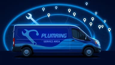 Plumbing service truck with service area radius and Google Maps pins