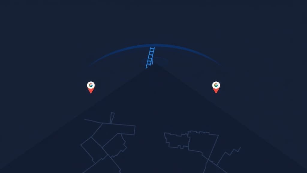 Rooftop silhouette with service area radius and Google Maps pins