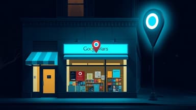 Small business storefront with Google search overlay showing local pack results and 5-star review rating