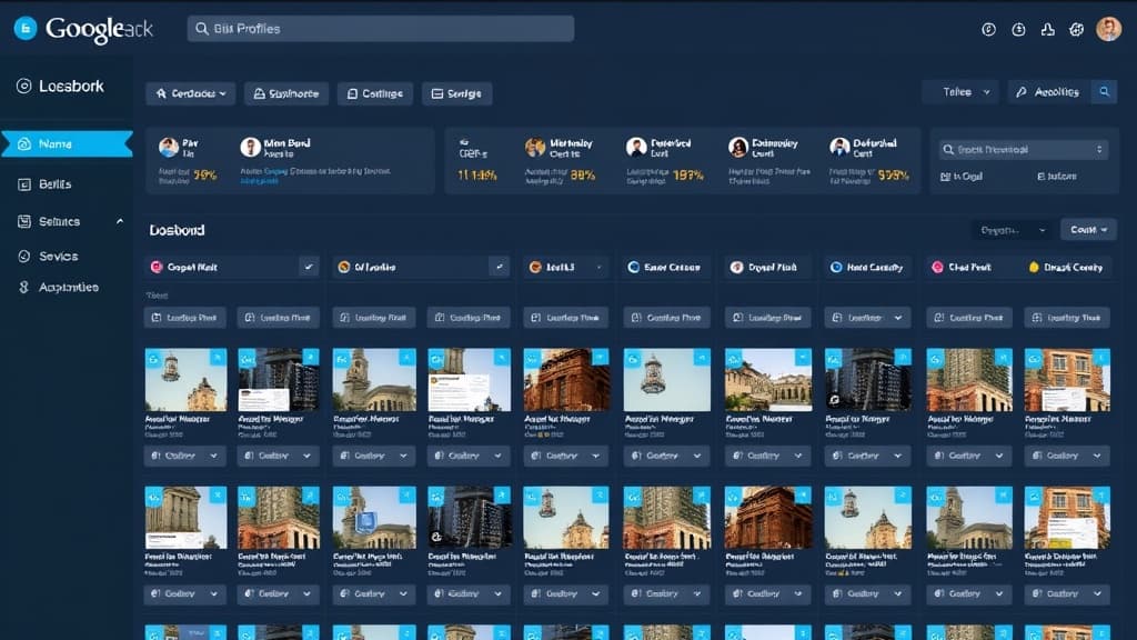 Dashboard view of multiple Google Business Profile listings organized by location with performance metrics and management controls