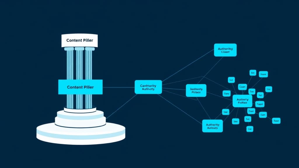 Content cluster diagram showing a central pillar topic branching into supporting articles with interconnected trust signals and local relevance indicators
