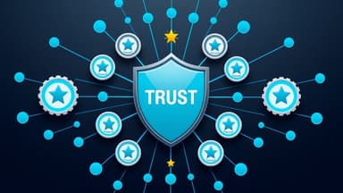 Shield icon surrounded by trust indicators including star ratings, directory logos, SSL lock, and accreditation badges for local SEO
