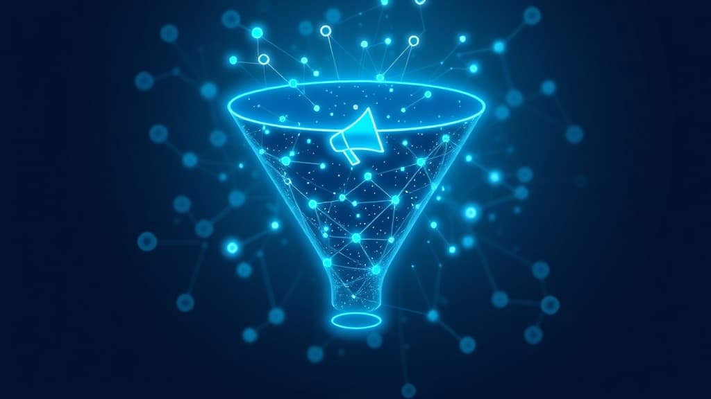 Marketing funnel transforming into neural network nodes representing AI-era marketing